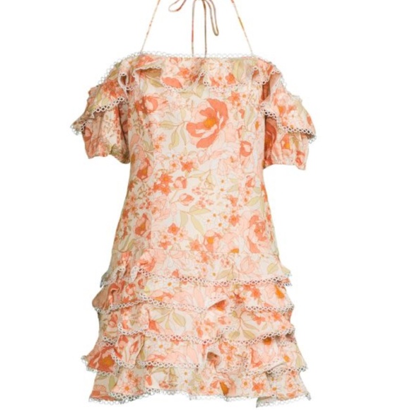 70F/21C Womens Peach Floral Off-the-Shoulder Mini Ruffle Summer Dress Size S - Picture 1 of 12